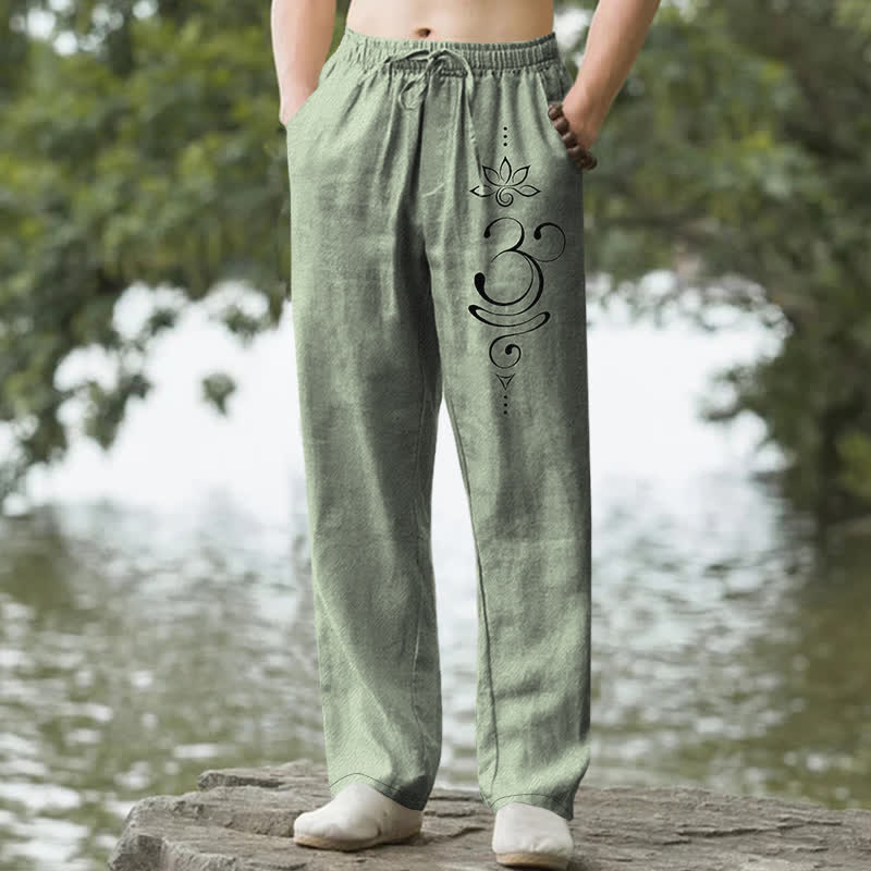 Buddha Stones Spodnie męskie ze zwężanymi nogawkami i kieszeniami, bawełniane, wzór Zen Lotus Om - DarkSeaGreen - US/UK/AU50, EU60 (5XL) - image 4