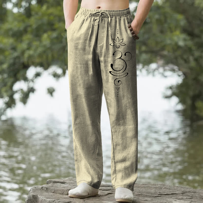 Buddha Stones Spodnie męskie ze zwężanymi nogawkami i kieszeniami, bawełniane, wzór Zen Lotus Om - Khaki - US/UK/AU50, EU60 (5XL) - image 6