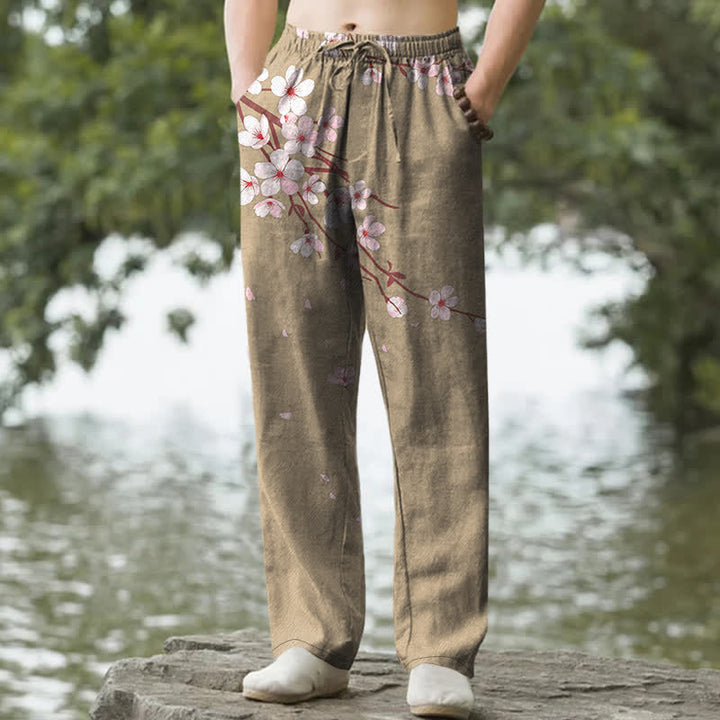 Buddha Stones Spodnie męskie zwężane z bawełny w kolorze różowym z motywem kwiatu sakury i kieszeniami - Ciemny Khaki - US/UK/AU50, EU60 (5XL) - image 4