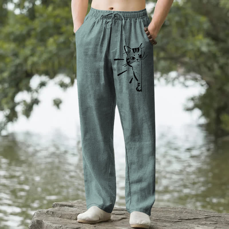 Buddha Stones Spodnie męskie zwężane z bawełny w kolorze czarnym z motywem szkicu kota i kieszeniami - CadetBlue - US/UK/AU50, EU60 (5XL) - image 4
