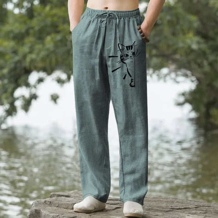 Buddha Stones Spodnie męskie zwężane z bawełny w kolorze czarnym z motywem szkicu kota i kieszeniami - CadetBlue - US/UK/AU50, EU60 (5XL) - image 4