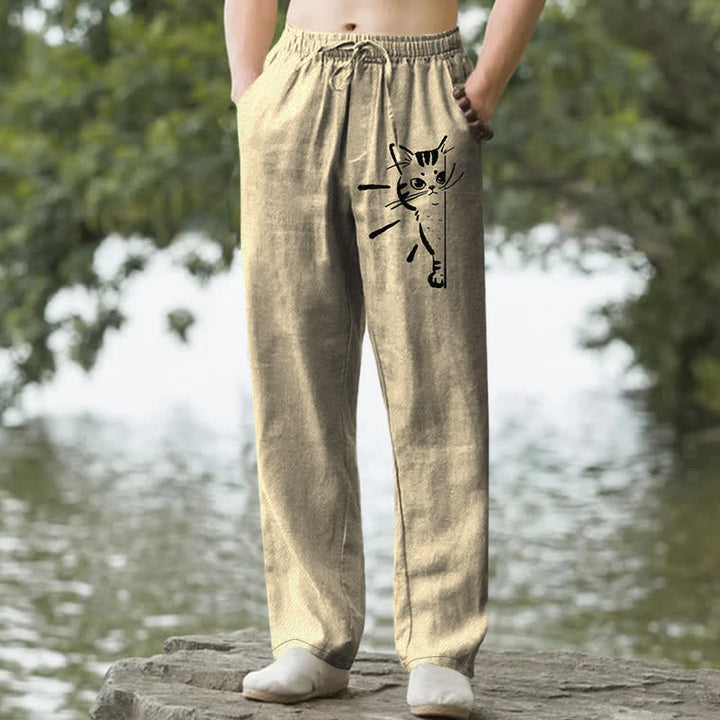 Buddha Stones Spodnie męskie zwężane z bawełny w kolorze czarnym z motywem szkicu kota i kieszeniami - Khaki - US/UK/AU50, EU60 (5XL) - image 6
