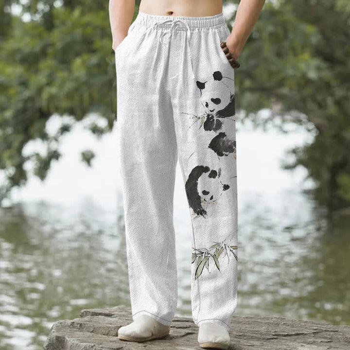 Buddha Stones Spodnie męskie zwężane z kieszeniami i wzorem pandy z bambusa i bawełny - Biały - US/UK/AU50, EU60 (5XL) - image 0