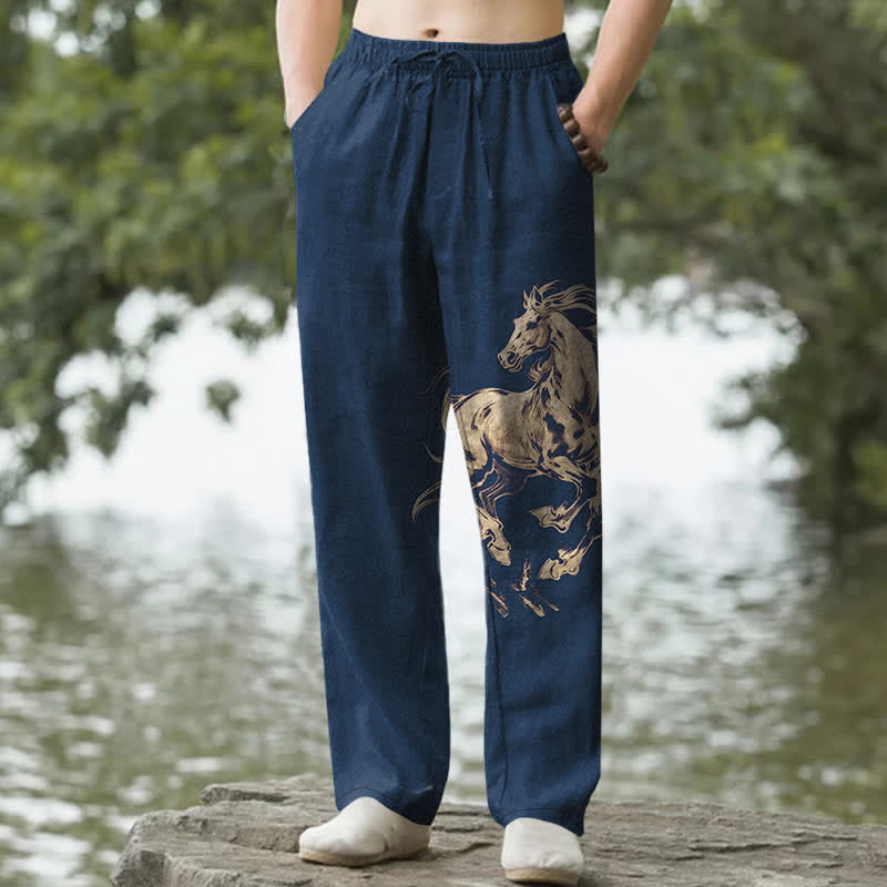 Buddha Stones Spodnie męskie zwężane z bawełny w złoty wzór biegnącego konia z kieszeniami - Marynarka wojenna - US/UK/AU50, EU60 (5XL) - image 0