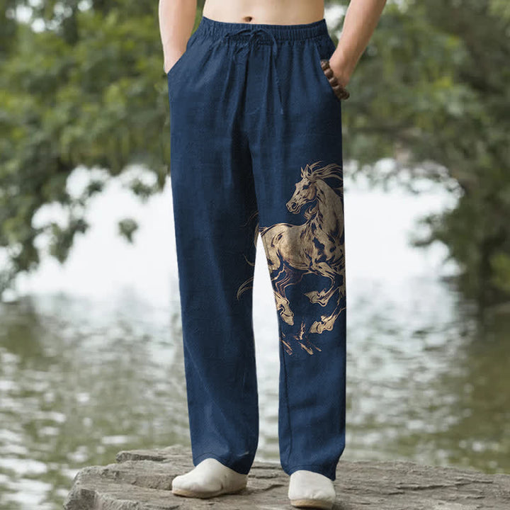 Buddha Stones Spodnie męskie zwężane z bawełny w złoty wzór biegnącego konia z kieszeniami - Marynarka wojenna - US/UK/AU50, EU60 (5XL) - image 0