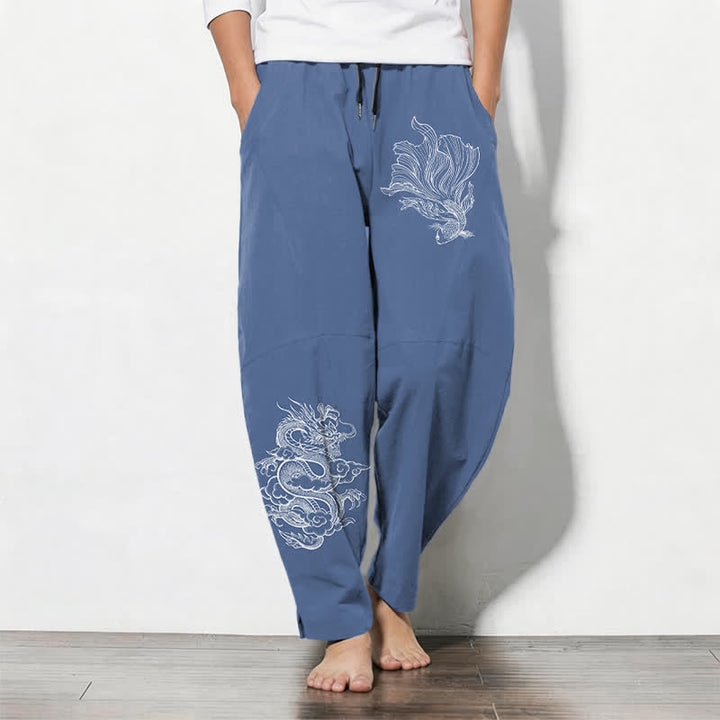 Buddha Stones Spodnie męskie zwężane z czystej bawełny ze wzorem smoka Koi i kieszeniami - Stalowoniebieski - US/UK/AU50, EU60 (5XL) - image 0