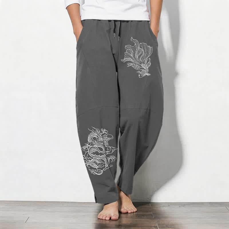 Buddha Stones Spodnie męskie zwężane z czystej bawełny ze wzorem smoka Koi i kieszeniami - DimGray - US/UK/AU50, EU60 (5XL) - image 7
