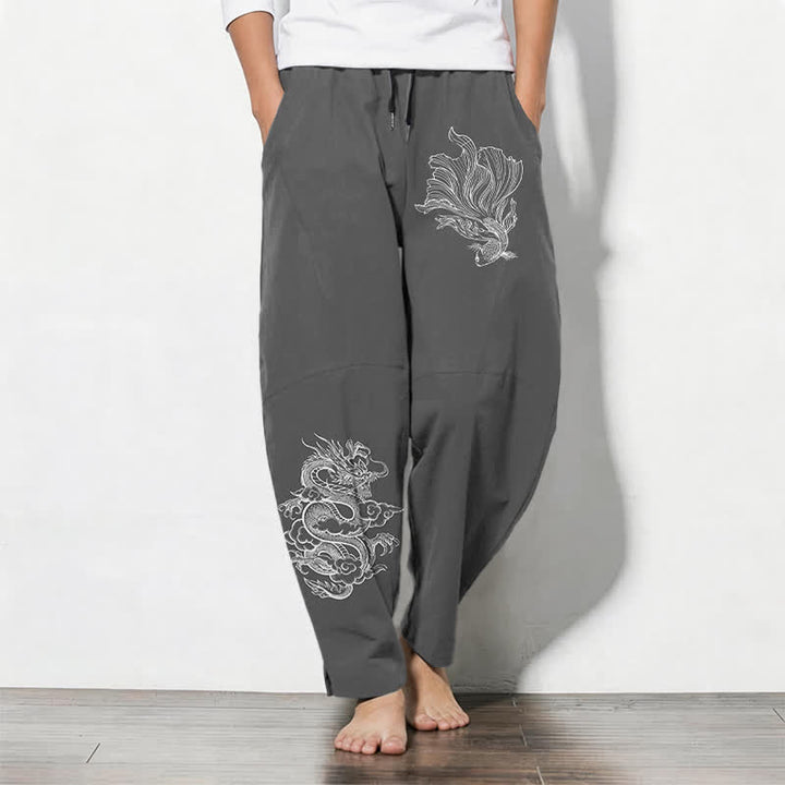 Buddha Stones Spodnie męskie zwężane z czystej bawełny ze wzorem smoka Koi i kieszeniami - DimGray - US/UK/AU50, EU60 (5XL) - image 7