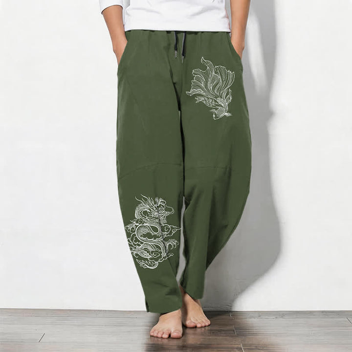 Buddha Stones Spodnie męskie zwężane z czystej bawełny ze wzorem smoka Koi i kieszeniami - DarkOliveGreen - US/UK/AU50, EU60 (5XL) - image 11