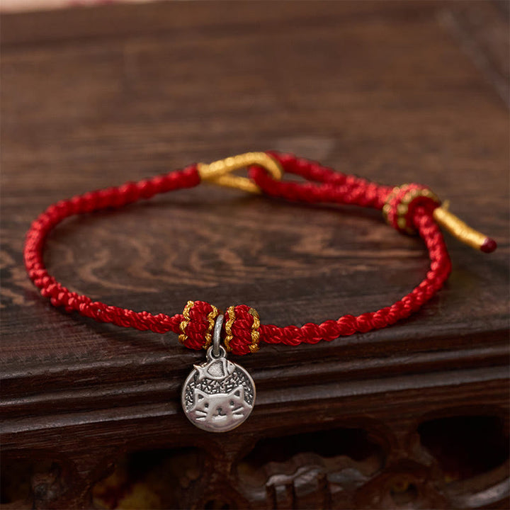 Buddha Stones Srebrna bransoletka pleciona z czerwonym i czarnym sznurkiem, 925, kotek jedzący rybę - DarkRed (obwód nadgarstka 14–18 cm) - image 10