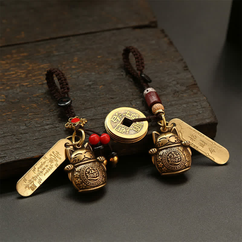 Buddha Stones Mosiężne chińskie monety z wizerunkiem kota szczęścia, breloczki do kluczy z symbolem bogactwa - image 12