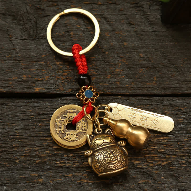 Buddha Stones Mosiężne chińskie monety z wizerunkiem kota szczęścia, breloczki do kluczy z symbolem bogactwa - Monety Red Cord - image 0
