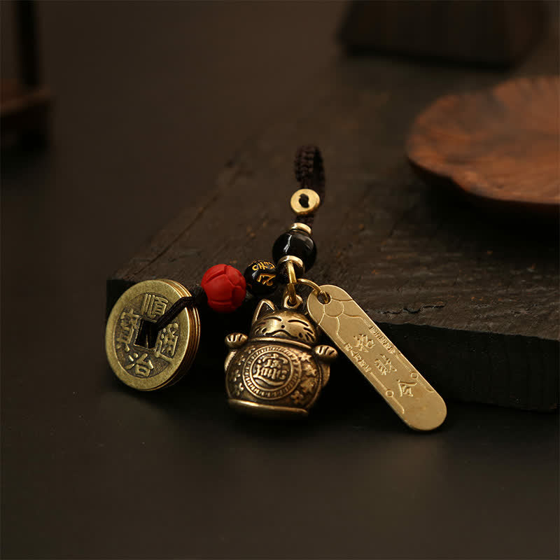 Buddha Stones Mosiężne chińskie monety z wizerunkiem kota szczęścia, breloczki do kluczy z symbolem bogactwa - image 4
