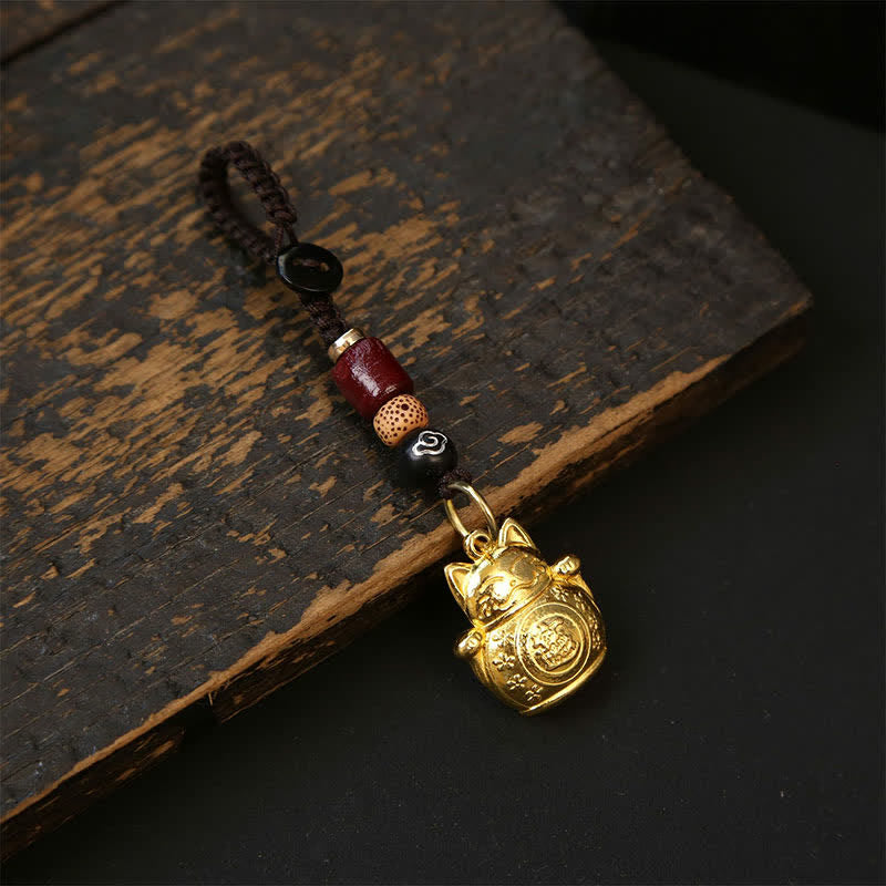 Buddha Stones Miedziane breloki z chińskimi monetami i tykwami ​​w kształcie szczęśliwego kota Pi Xiu - Cloud Cord - image 1