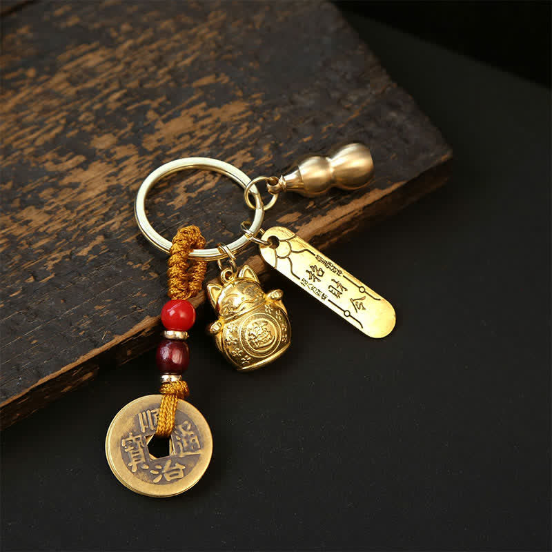 Buddha Stones Miedziane breloki z chińskimi monetami i tykwami ​​w kształcie szczęśliwego kota Pi Xiu - Monety z żółtej tykwy - image 9