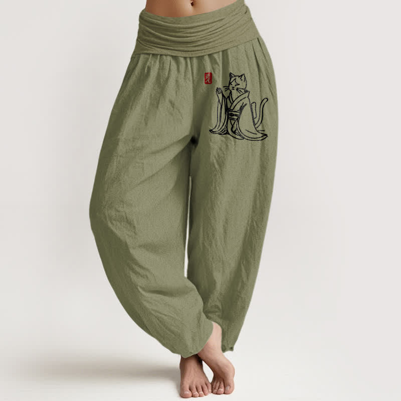 Buddha Stones Spodnie damskie harem z elastycznej talii z wzorem kota zen z czystej bawełny - Oliwkowy - US16, UK/AU20, EU48 (3XL) - image 11