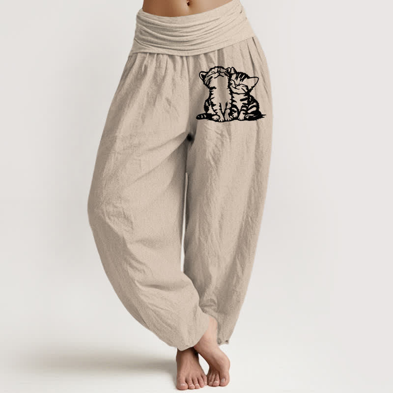 Buddha Stones Spodnie damskie typu harem z czystej bawełny z białym wzorem kota i elastyczną talią - Dębnik - US16, UK/AU20, EU48 (3XL) - image 14