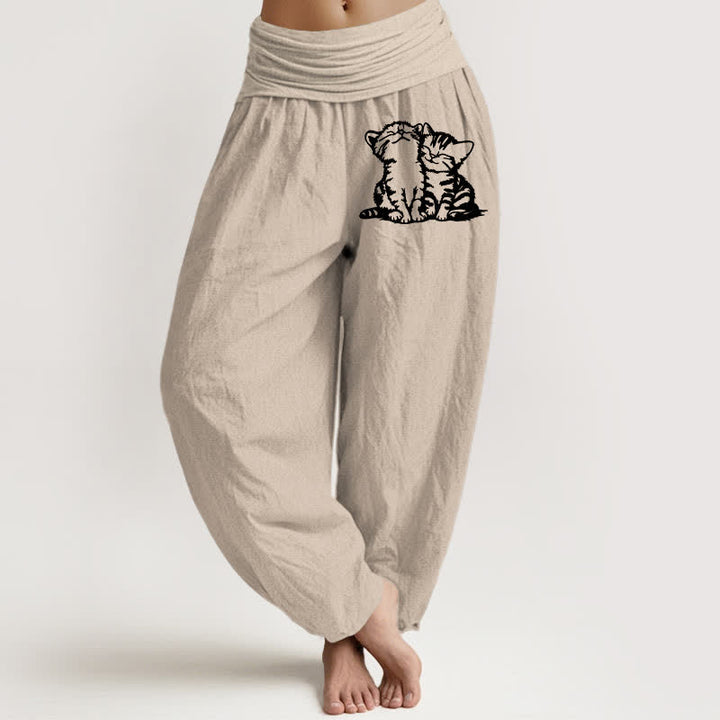 Buddha Stones Spodnie damskie typu harem z czystej bawełny z białym wzorem kota i elastyczną talią - Dębnik - US16, UK/AU20, EU48 (3XL) - image 14