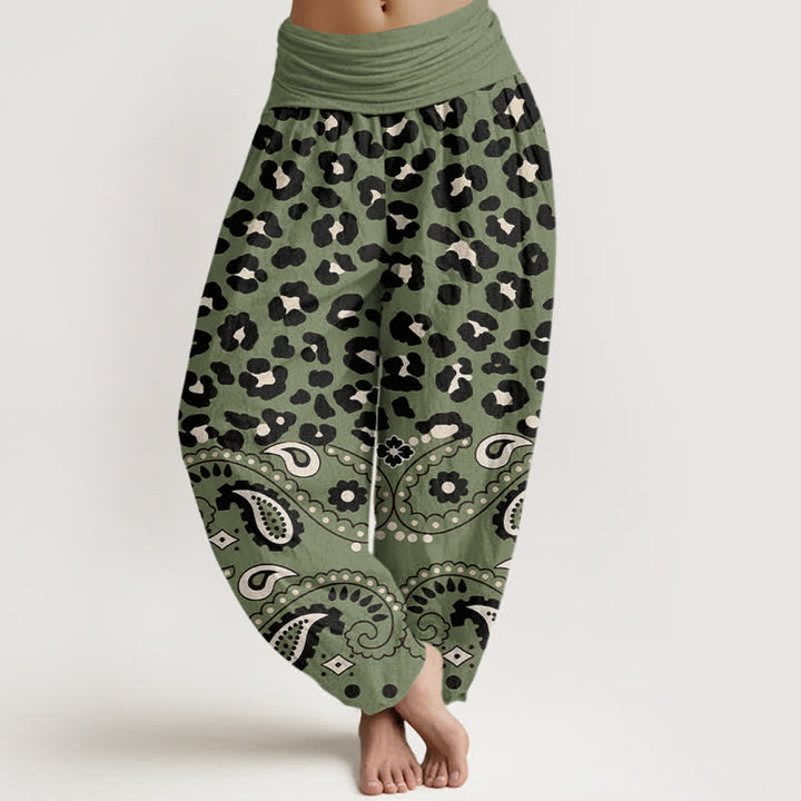 Buddha Stones Spodnie damskie haremowe z elastycznej talii w kolorze oliwkowym z wzorem w panterkę i paisley - Oliwkowy - US16, UK/AU20, EU48 (3XL) - image 0