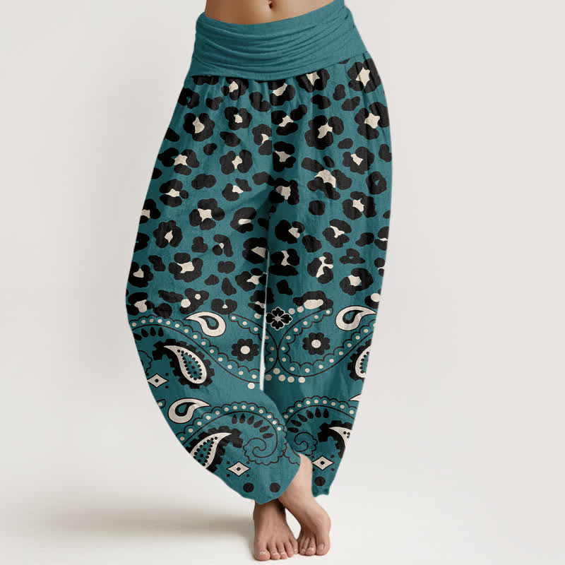 Buddha Stones Spodnie damskie haremowe z elastycznej talii w kolorze oliwkowym z wzorem w panterkę i paisley - Cyraneczka - US16, UK/AU20, EU48 (3XL) - image 5