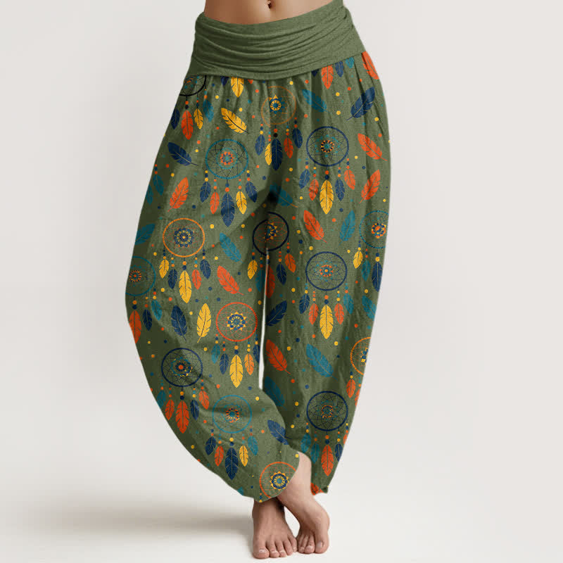Buddha Stones Spodnie damskie typu harem z elastycznej talii z motywem łapacza snów i piór - Oliwkowy - US16, UK/AU20, EU48 (3XL) - image 5