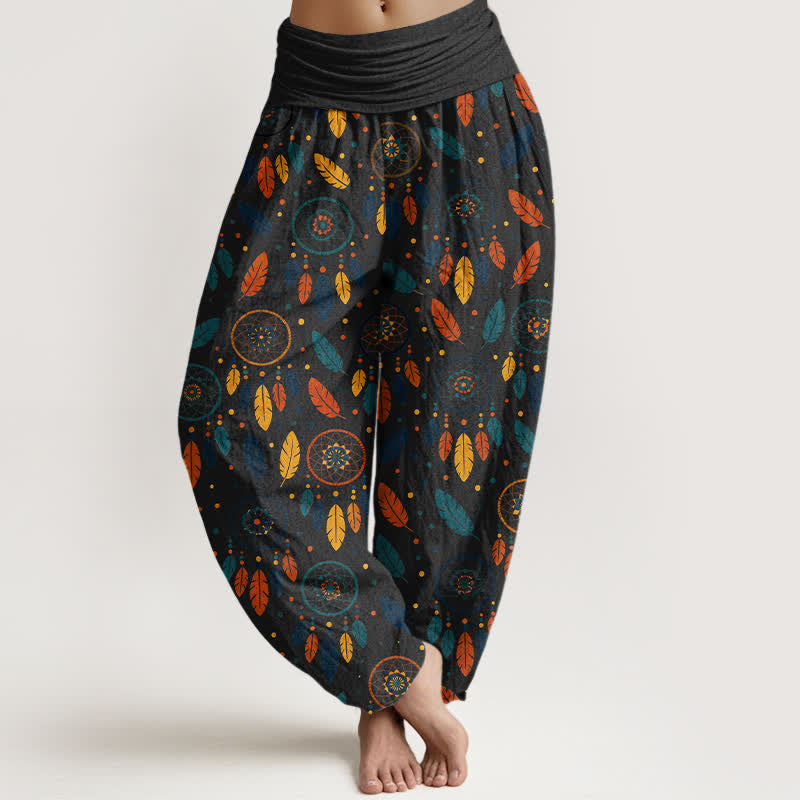 Buddha Stones Spodnie damskie typu harem z elastycznej talii z motywem łapacza snów i piór - Czarny - US16, UK/AU20, EU48 (3XL) - image 8