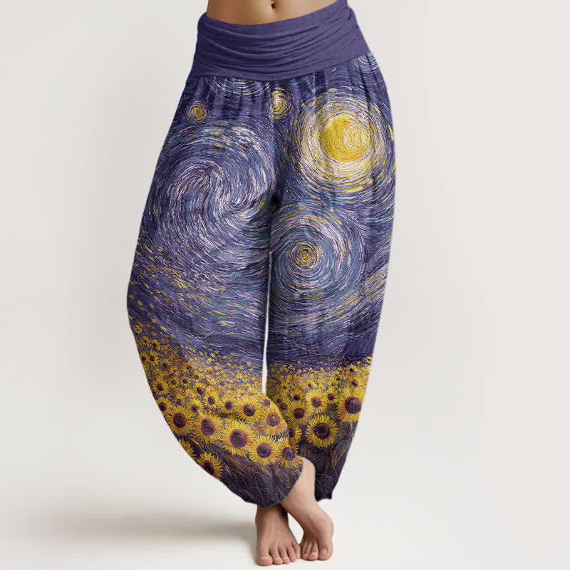 Buddha Stones Spodnie damskie haremowe z bawełny z motywem słonecznika i elastyczną talią - BlueViolet - US16, UK/AU20, EU48 (3XL) - image 8