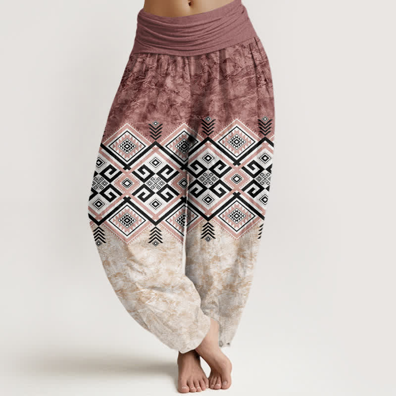 Buddha Stones Bawełniane spodnie haremki damskie z elastycznym pasem i geometrycznym wzorem plemiennym - IndianRed - US16, UK/AU20, EU48 (3XL) - image 8