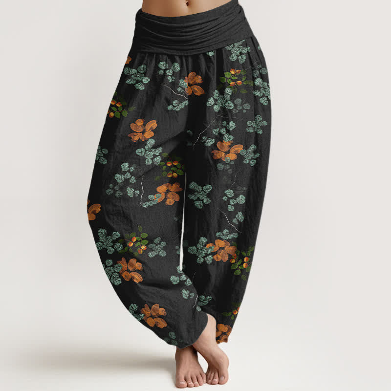 Buddha Stones Spodnie damskie typu harem z elastycznej talii z motywem kwiatu pomarańczy i liści mięty - Czarny - US16, UK/AU20, EU48 (3XL) - image 0