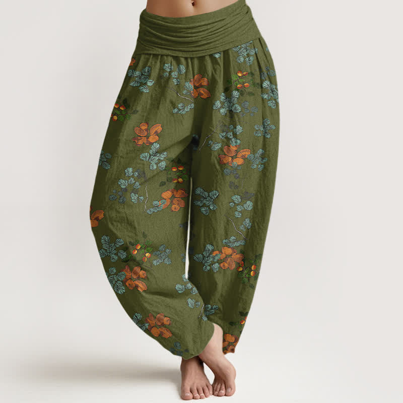 Buddha Stones Spodnie damskie typu harem z elastycznej talii z motywem kwiatu pomarańczy i liści mięty - Oliwkowy - US16, UK/AU20, EU48 (3XL) - image 5