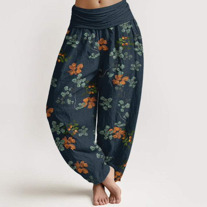 Buddha Stones Spodnie damskie typu harem z elastycznej talii z motywem kwiatu pomarańczy i liści mięty - Marynarka wojenna - US16, UK/AU20, EU48 (3XL) - image 8