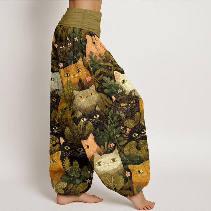 Buddha Stones Bawełniane spodnie haremki damskie z elastycznym pasem i wzorem w liście i koty z kreskówek - image 6