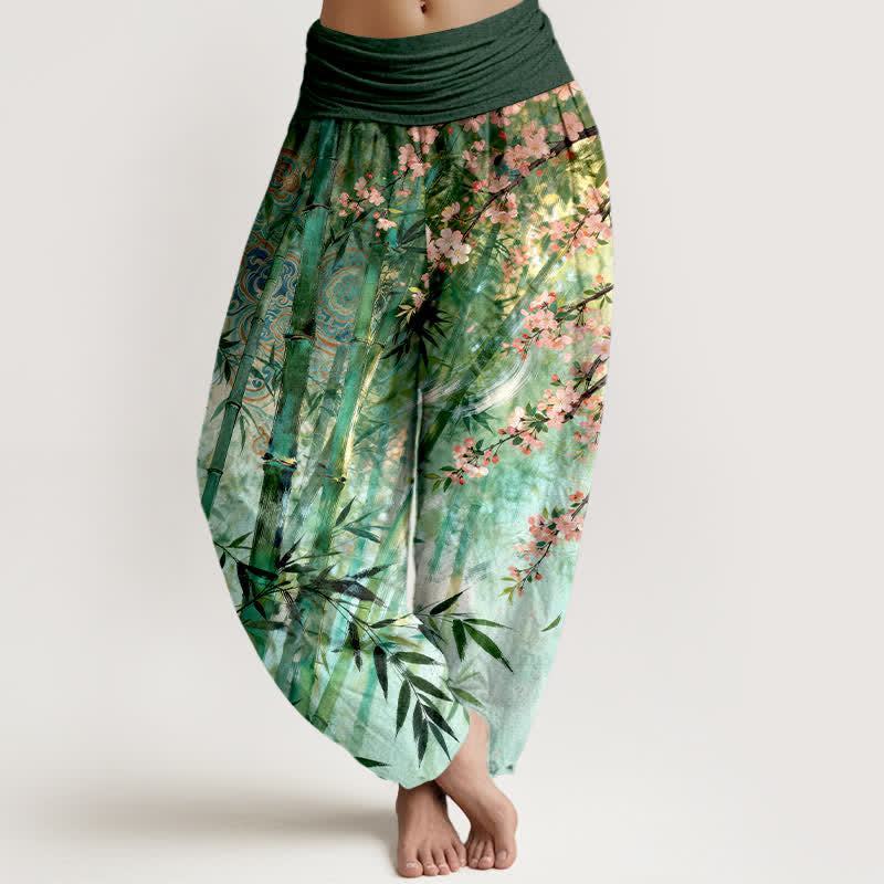 Buddha Stones Spodnie damskie typu harem z elastycznej talii z bawełny bambusowej z wzorem w kwiaty wiśni - SeaGreen - US16, UK/AU20, EU48 (3XL) - image 0