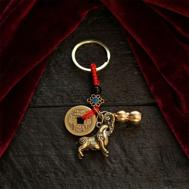 Buddha Stones Miedziane monety chińskiego zodiaku pięciu cesarzy, breloki z tykwy i bogactwa - Koza - image 0