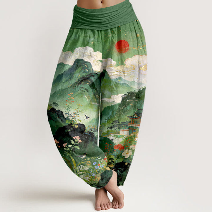 Buddha Stones Spodnie damskie typu harem z elastyczną talią Cotton Mountain Pavilion Sun Pattern - SeaGreen - US16, UK/AU20, EU48 (3XL) - image 0