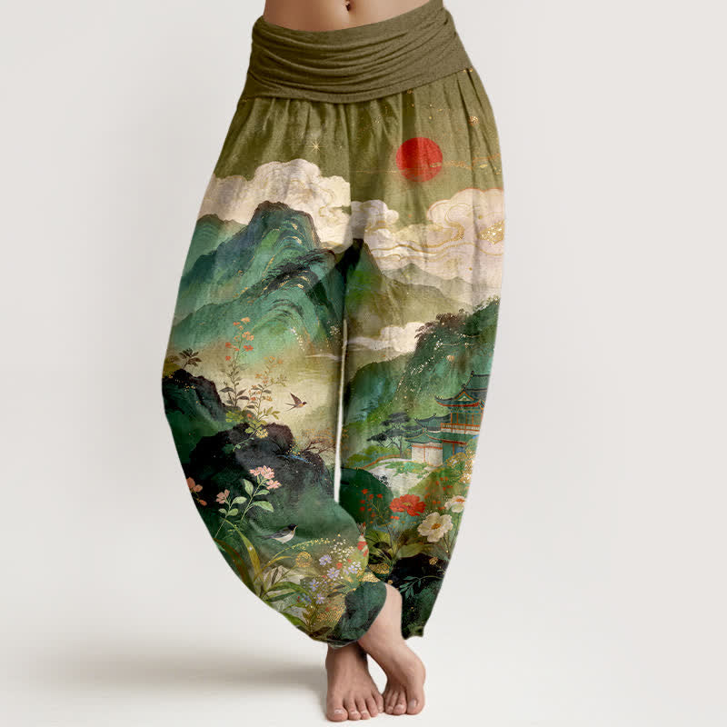Buddha Stones Spodnie damskie typu harem z elastyczną talią Cotton Mountain Pavilion Sun Pattern - Oliwka - US16, UK/AU20, EU48 (3XL) - image 5