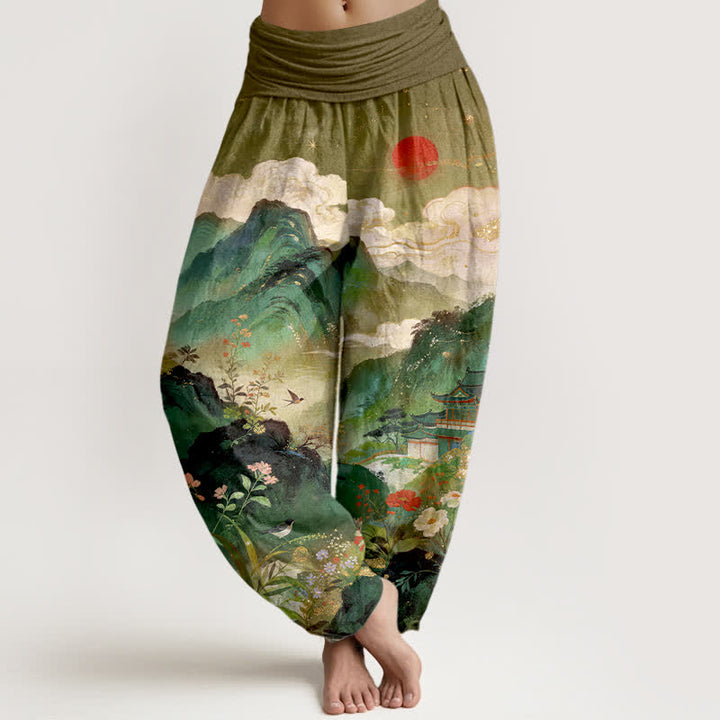 Buddha Stones Spodnie damskie typu harem z elastyczną talią Cotton Mountain Pavilion Sun Pattern - Oliwka - US16, UK/AU20, EU48 (3XL) - image 5