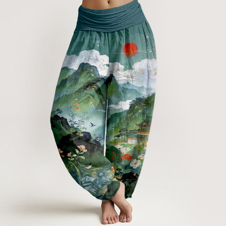 Buddha Stones Spodnie damskie typu harem z elastyczną talią Cotton Mountain Pavilion Sun Pattern - Cyraneczka - US16, UK/AU20, EU48 (3XL) - image 8