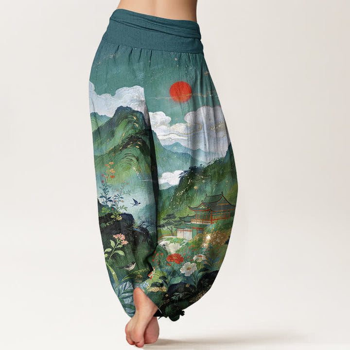 Buddha Stones Spodnie damskie typu harem z elastyczną talią Cotton Mountain Pavilion Sun Pattern - image 10