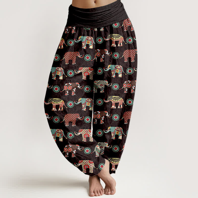 Buddha Stones Bawełniane spodnie haremki damskie z elastycznym pasem i wzorem mandali słonia - Czarny - US16, UK/AU20, EU48 (3XL) - image 0