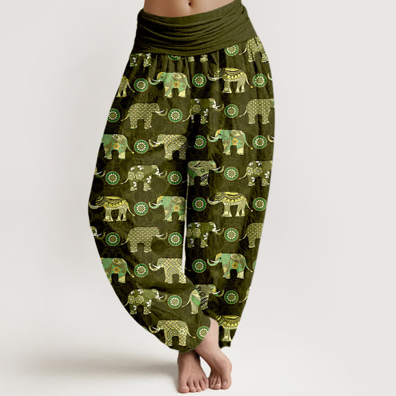 Buddha Stones Bawełniane spodnie haremki damskie z elastycznym pasem i wzorem mandali słonia - DarkOliveGreen - US16, UK/AU20, EU48 (3XL) - image 5