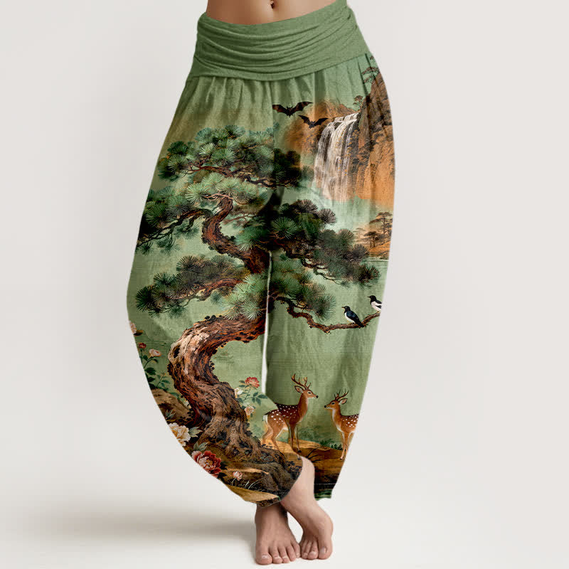 Buddha Stones Spodnie damskie typu harem z bawełny z wzorem jelenia górskiego i elastyczną talią - SeaGreen - US16, UK/AU20, EU48 (3XL) - image 0