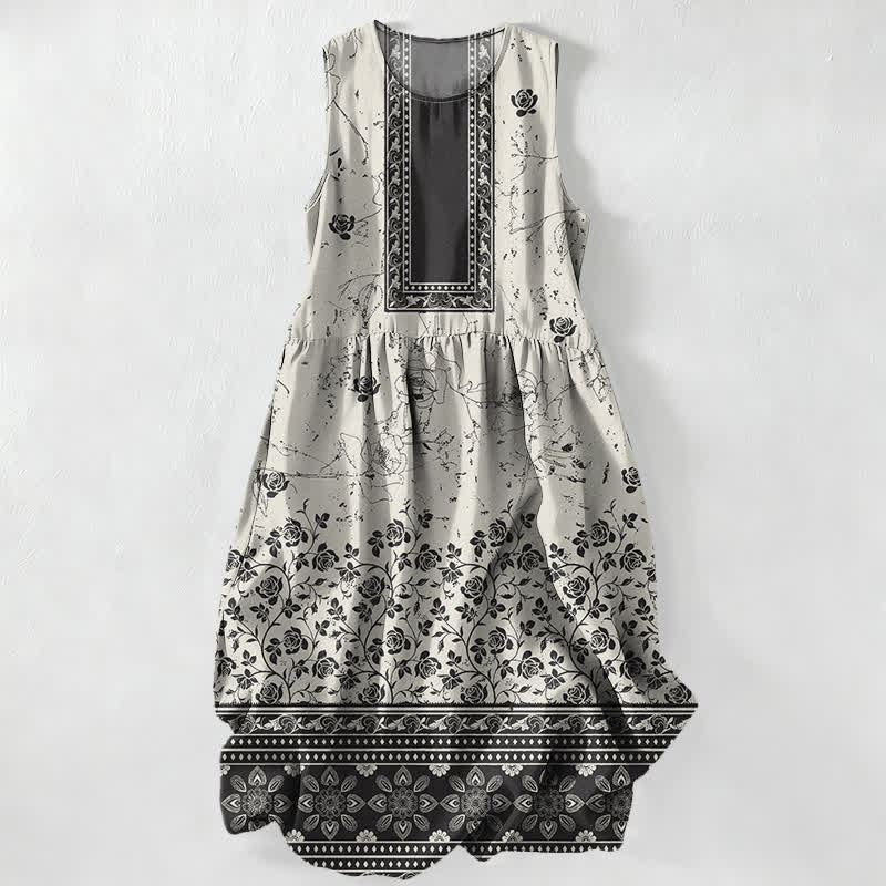 Buddha Stones Letnia, swobodna, damska sukienka midi bez rękawów z kieszeniami i kwiatowym wzorem w stylu vintage - Kość słoniowa - US16, UK/AU20, EU48 (3XL) - image 0