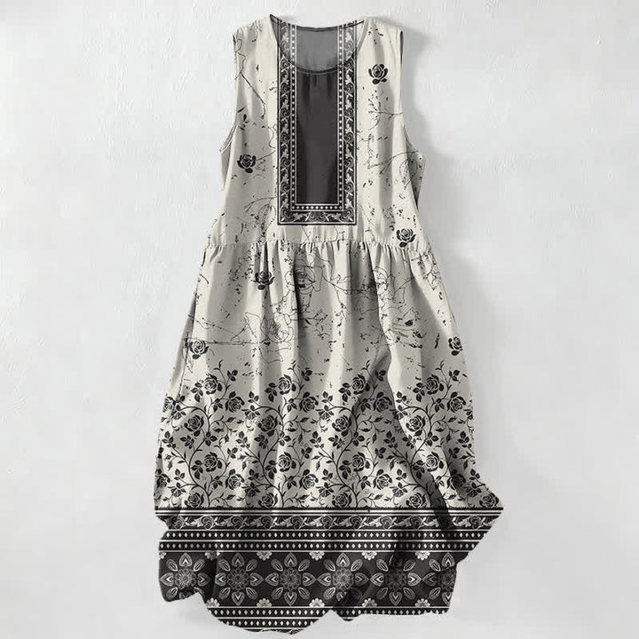Buddha Stones Letnia, swobodna, damska sukienka midi bez rękawów z kieszeniami i kwiatowym wzorem w stylu vintage - Kość słoniowa - US16, UK/AU20, EU48 (3XL) - image 0