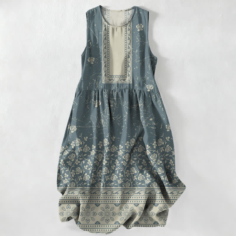 Buddha Stones Letnia, swobodna, damska sukienka midi bez rękawów z kieszeniami i kwiatowym wzorem w stylu vintage - CadetBlue - US16, UK/AU20, EU48 (3XL) - image 4