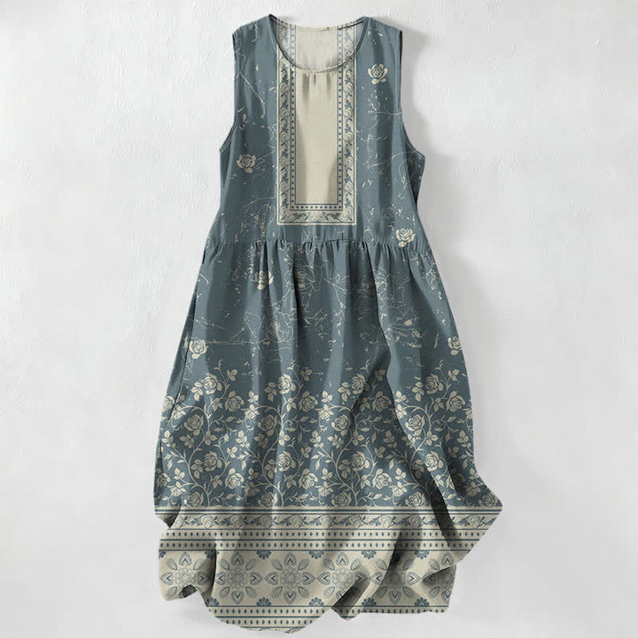 Buddha Stones Letnia, swobodna, damska sukienka midi bez rękawów z kieszeniami i kwiatowym wzorem w stylu vintage - CadetBlue - US16, UK/AU20, EU48 (3XL) - image 4