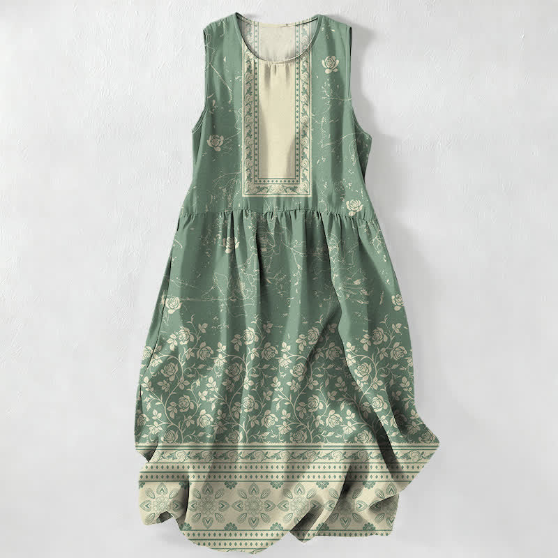 Buddha Stones Letnia, swobodna, damska sukienka midi bez rękawów z kieszeniami i kwiatowym wzorem w stylu vintage - SeaGreen - US16, UK/AU20, EU48 (3XL) - image 5