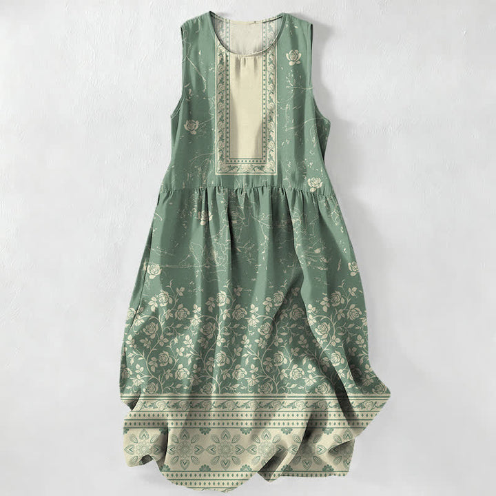 Buddha Stones Letnia, swobodna, damska sukienka midi bez rękawów z kieszeniami i kwiatowym wzorem w stylu vintage - SeaGreen - US16, UK/AU20, EU48 (3XL) - image 5
