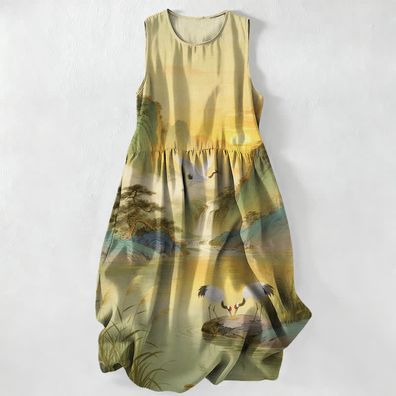 Buddha Stones Letnia, swobodna, damska sukienka midi bez rękawów z kieszeniami i wzorem w kształcie wodospadu i żurawia - Khaki - US16, UK/AU20, EU48 (3XL) - image 5