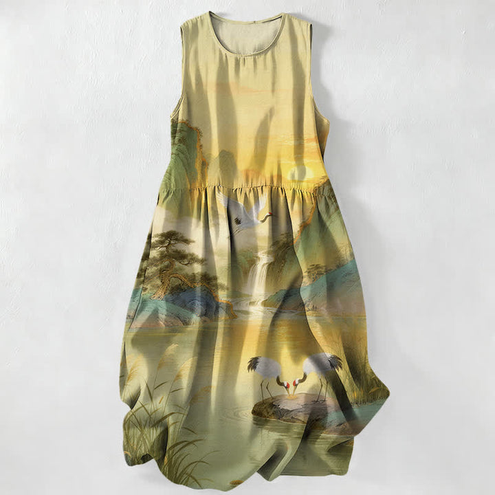 Buddha Stones Letnia, swobodna, damska sukienka midi bez rękawów z kieszeniami i wzorem w kształcie wodospadu i żurawia - Khaki - US16, UK/AU20, EU48 (3XL) - image 5